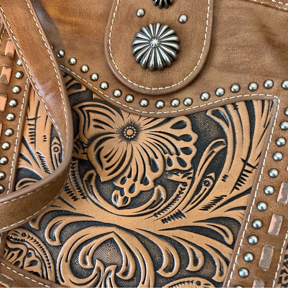 Trinity Ranch Montana West Brown Tooled Studded Design Western Crossbody Bag - Picture 4 of 14
